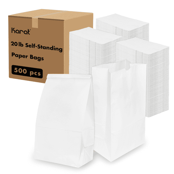 Karat White Paper Bags, 20 lb, 500 ct – Large White Paper Grocery & Takeout Bags, Bulk Pack