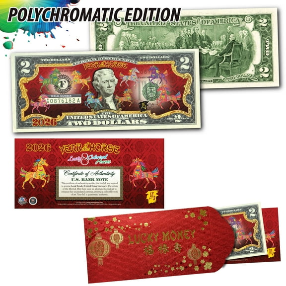 2026 Year of the HORSE Chinese New Year Polychromatic 8 HORSES on Two Dollar - Red Envelope
