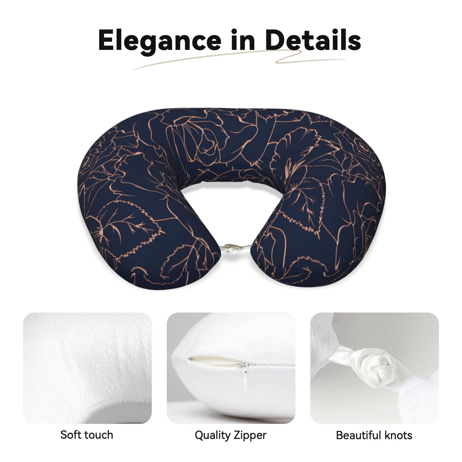 Xecao Copper-Gold Gloss Outline Flower Print Memory Foam Cervical Neck Pillow Versatile U-Shaped Pillows for Home,Office,Camping,Travelling,Soft Washable Cover