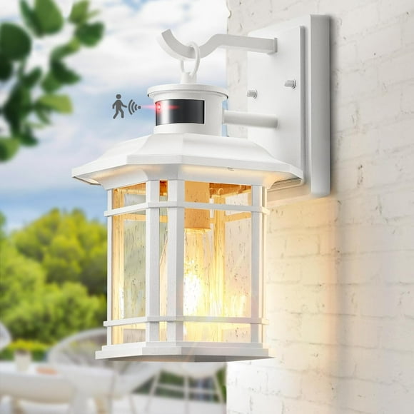 Motion Sensor Exterior Lights for House, White Dusk to Dawn Outdoor Lighting, 100% Waterproof Front Porch Light Fixtures, Modern Exterior Sconce with Tempered Seeded Glass for Garage