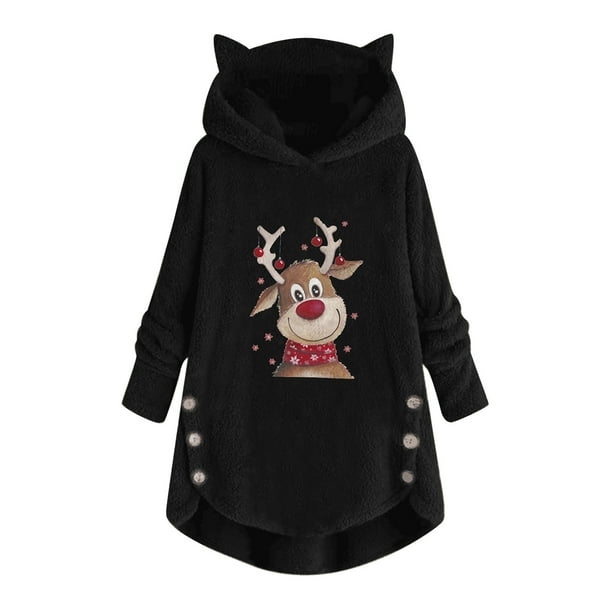 Top de abrigo de felpa con capucha y manga larga con botones de felpa y orejas de gato con estampado informal para mujer Pompotops gfhjh24525