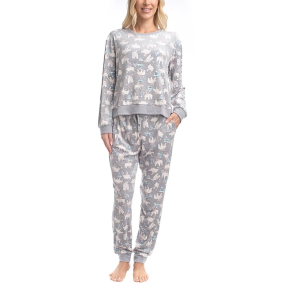 MUK LUKS Women's 2 Piece Pajama Set, Long Sleeve Shirt and Joggers - Silky Velour Mountain Vibes, Bear Crawl, S