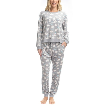 MUK LUKS Women s 2 Piece Pajama Set Long Sleeve Shirt and Joggers - Silky Velour Mountain Vibes Bear Crawl XL
