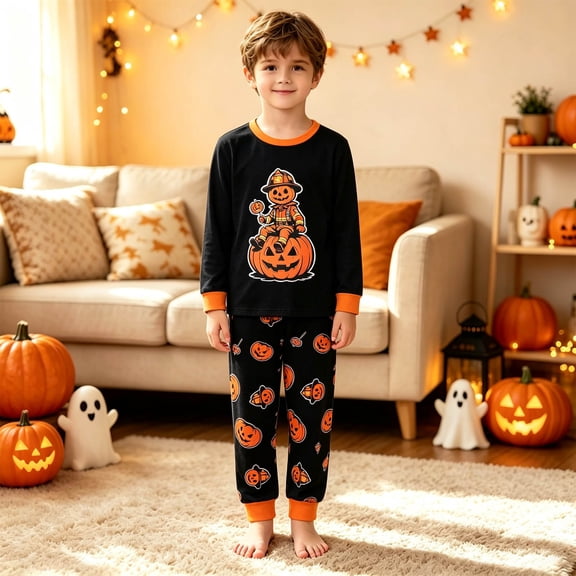 XAOFW Halloween Boys Pajamas Pumpkin Print Long Sleeve Tops Pants Toddler Kids Fall Winter Relaxed Fit Nightwear Sleepwear Sets
