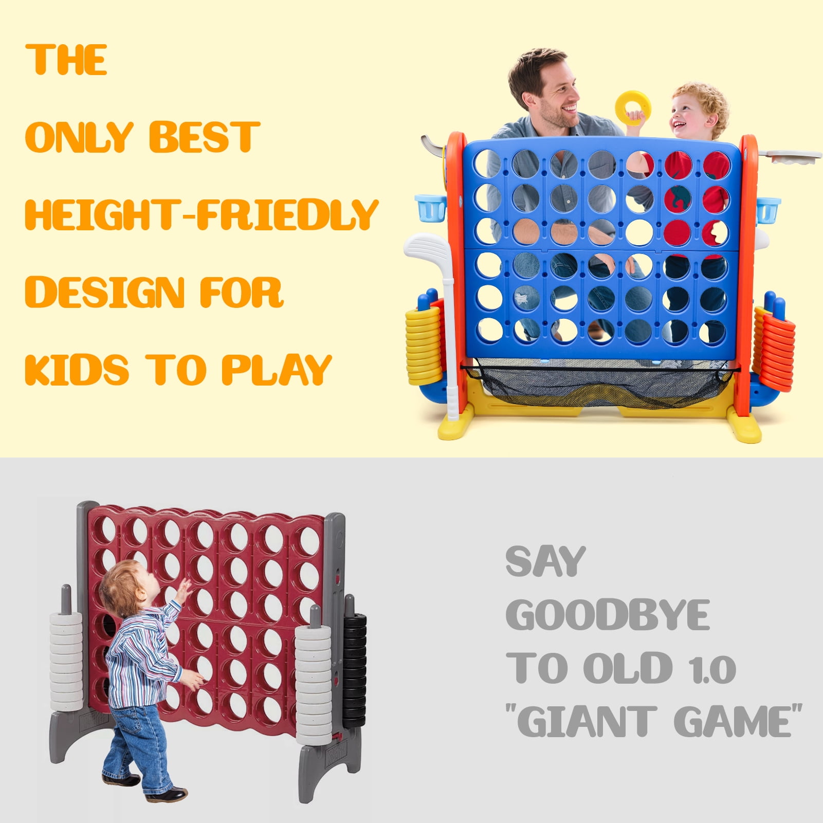 Wdmiya Jumbo 4-to-Score Giant Game Set, 4-in-a-Row Connect Game for Adults Kids Family Fun, Indoor Outdoor Adjustable Height Yard Family Game with w/ Golf Set, Basketball Hoop, Blue Red