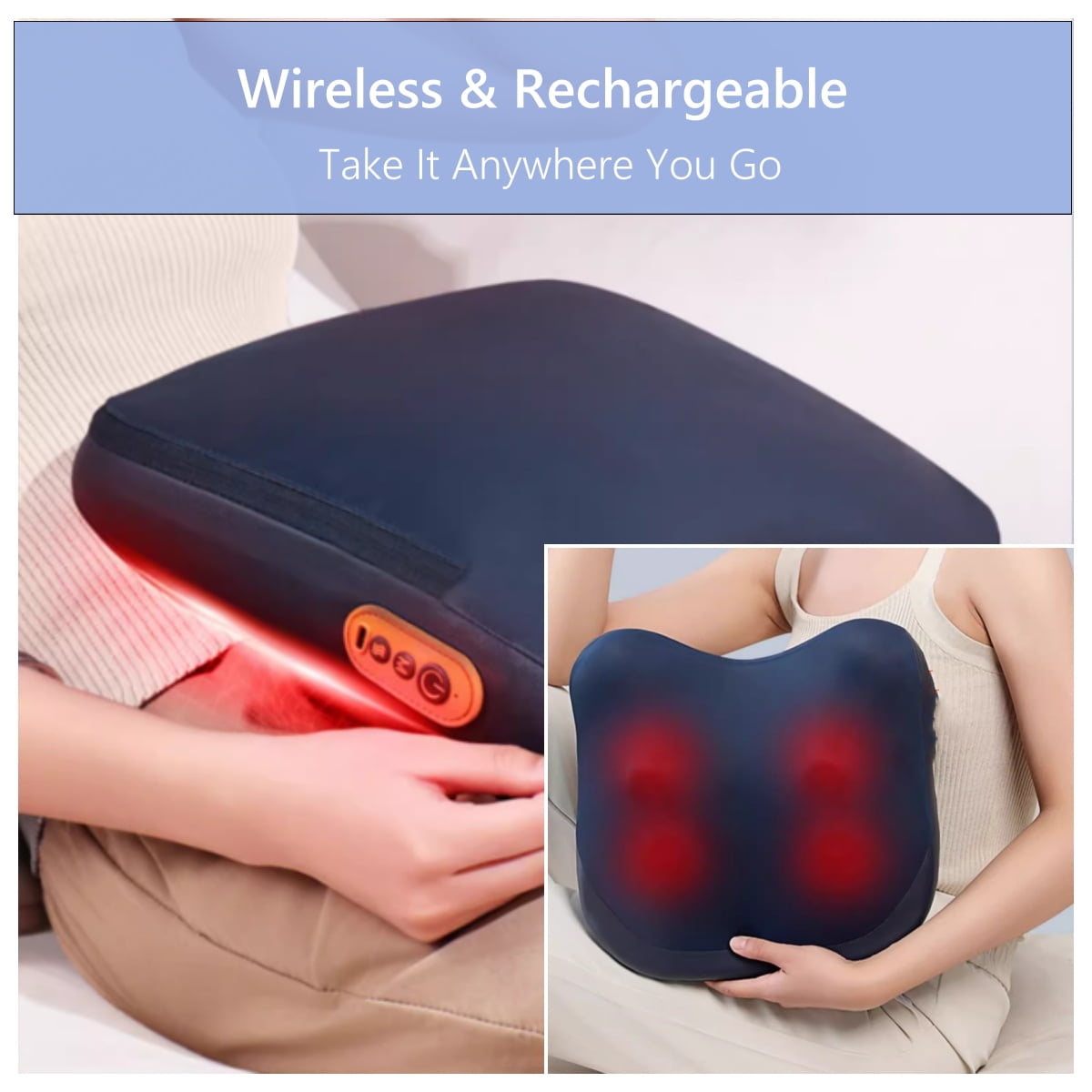 Xummero Shiatsu Back and Neck Massager with Heat - Cordless Rechargeable 3D Kneading Deep Tissue Massage Pillow for Chair, Car, Muscle Pain Relief - Black