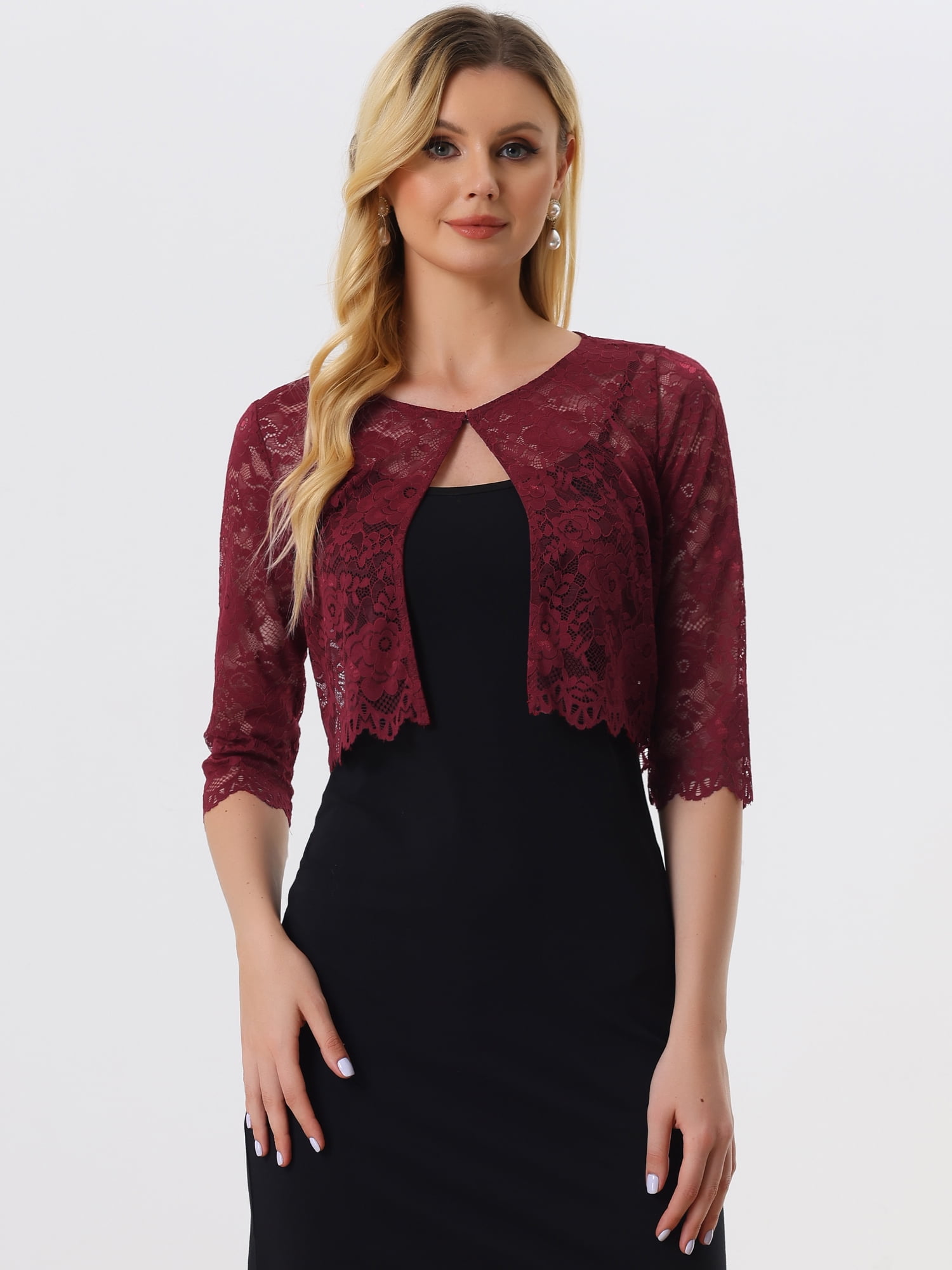 DARING DIVA Leisure Allover Floral Lace Crop Shrug Cardigan S Claret Red
