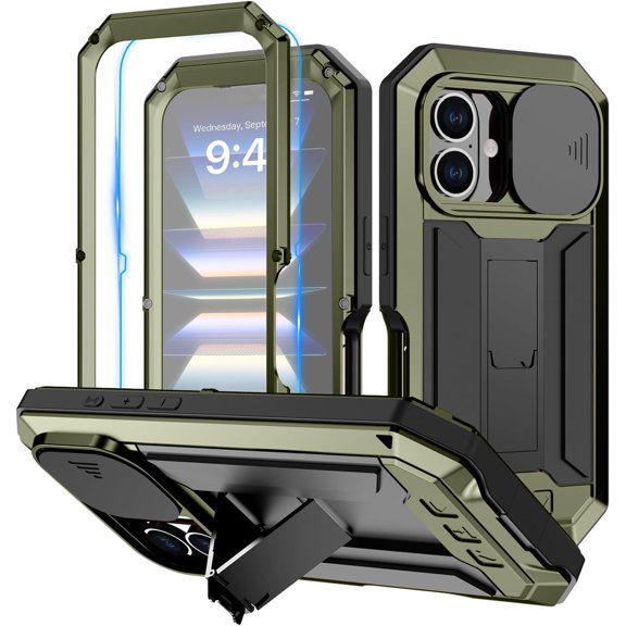 Case for iPhone 16 Pro Max,Military Grade 3 in 1 Metal Full-Body Rugged Stylish Kickstand Protective Case with Built-in Screen Protector Phone Case for iPhone 16 Pro Max,6.9 inch 2024 (Green)