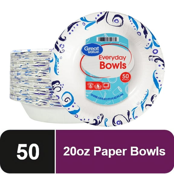 Great Value Everyday Strong, Soak Proof, Microwave Safe, Disposable Paper Bowls, 20 oz, Patterned, 50 Count