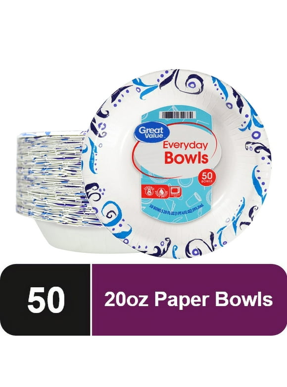 Great Value Everyday Strong, Soak Proof, Microwave Safe, Disposable Paper Bowls, 20 oz, Patterned, 50 Count