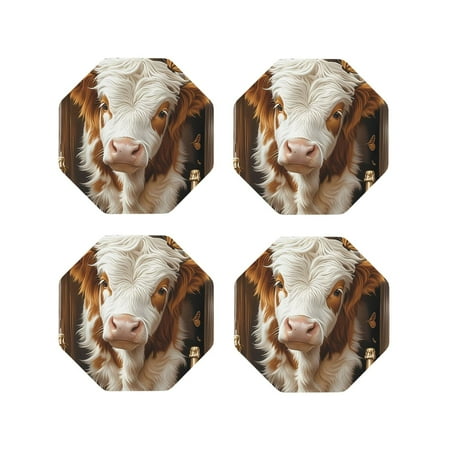 

Matuu Rustic Cow Butterflies Champagne for Cup Coasters Set of 4 Leather Coasters Desk Coasters for Office Measures 4” x 4”-Octagon