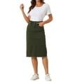 thumbnail image 2 of Unique Bargains Jupe en Denim pour Femme à Taille Haute, Ourlet Brut, Longueur Genou, Vert Armée, TG, 2 of 5