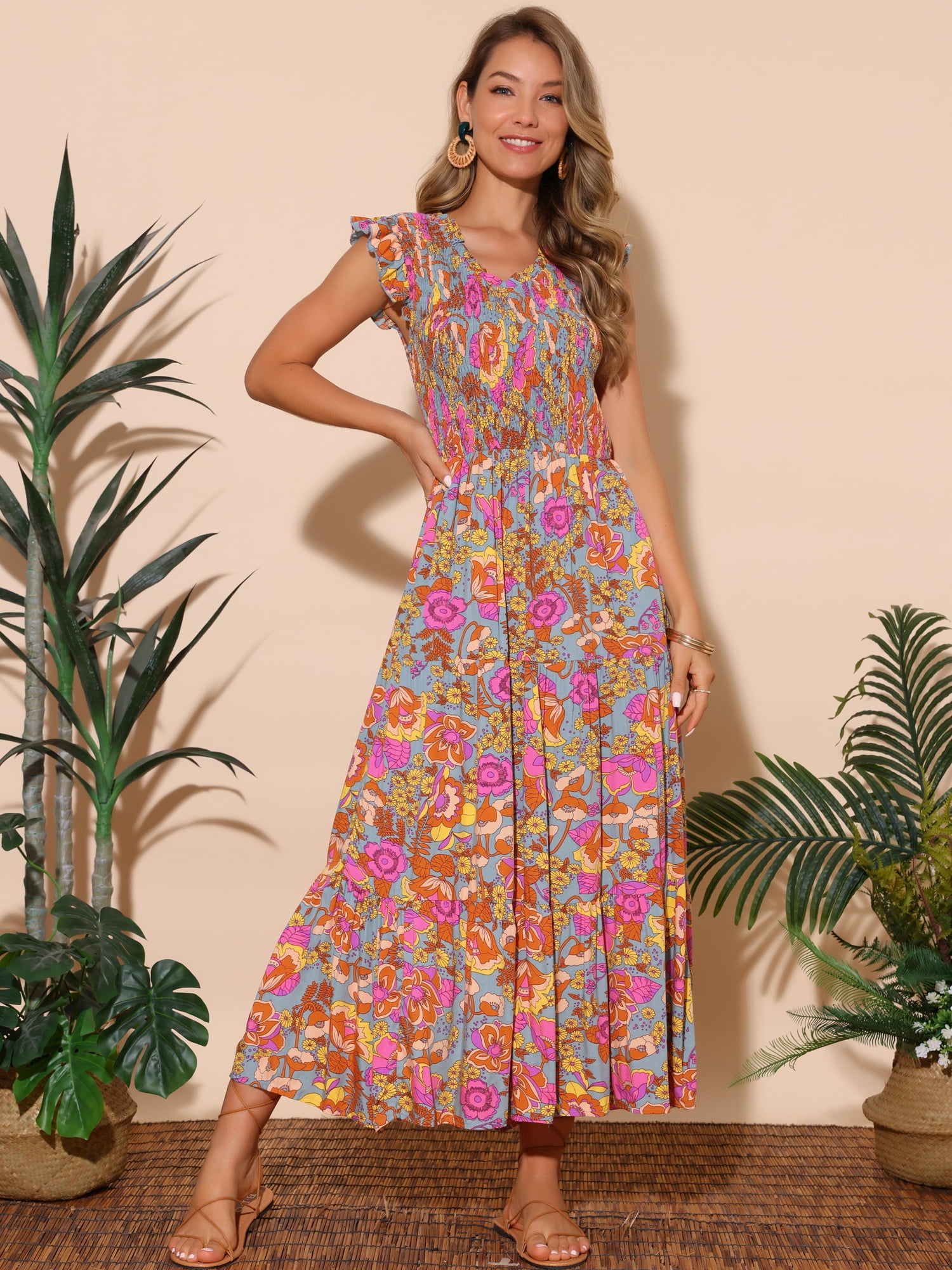 DARING DIVA V Neck Smocked Ruffle Tiered Maxi Dress M Grey Green