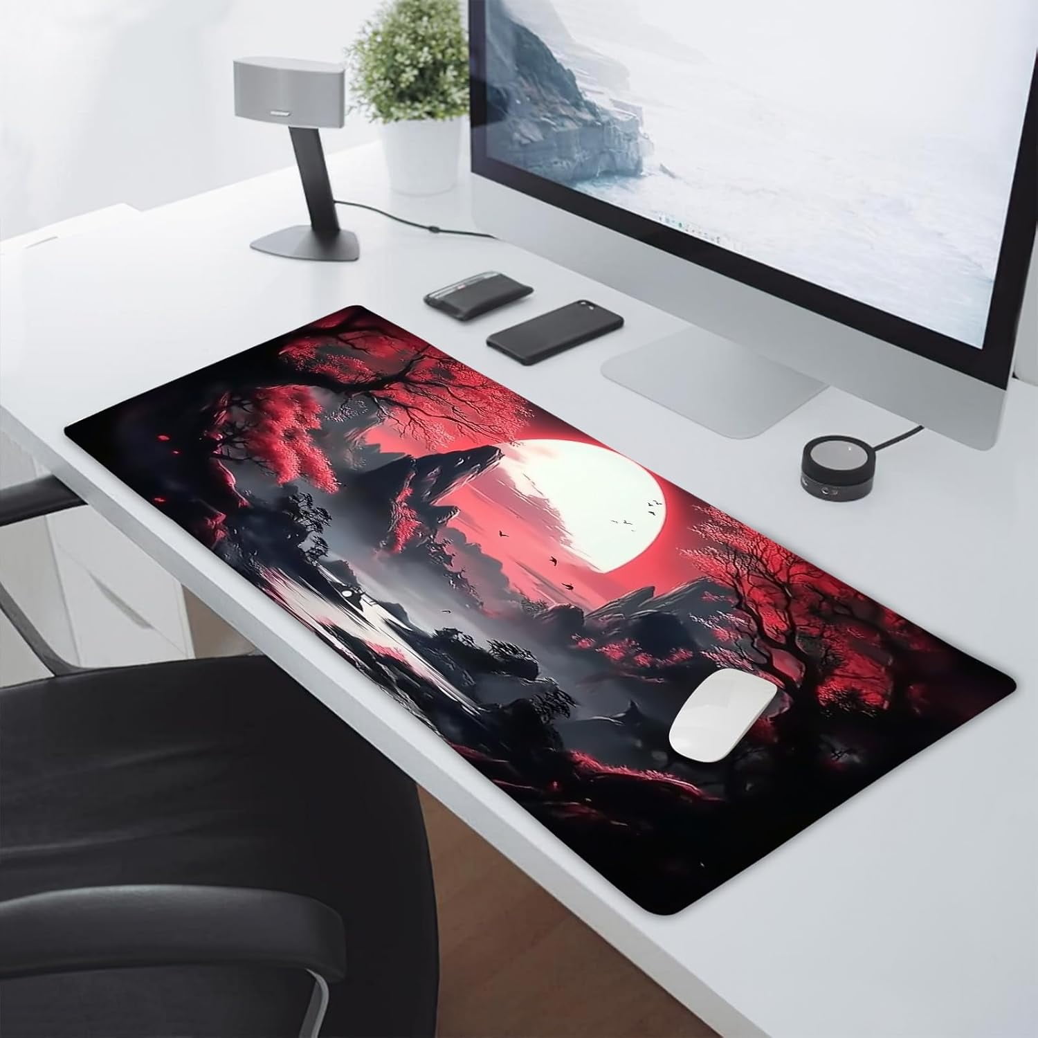Black Red Japanese Gaming Mouse Pad XXL Moon Sakura Cherry Blossom Extended Big Large Desk Mat Non-Slip Rubber Base Stitched Edge Long Keyboard Mousepad for PC Computer Laptop,35.4×15.7 in
