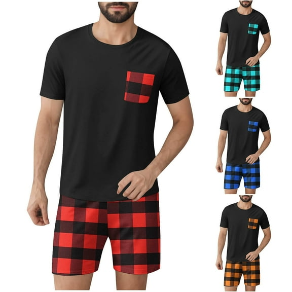 Lounge Sets for Men Crew Neck Short Sleeve Pullover Blouse Shorts Sets Men Plaid Casual Home Sleepwear Indoor Loungewear with Pockets