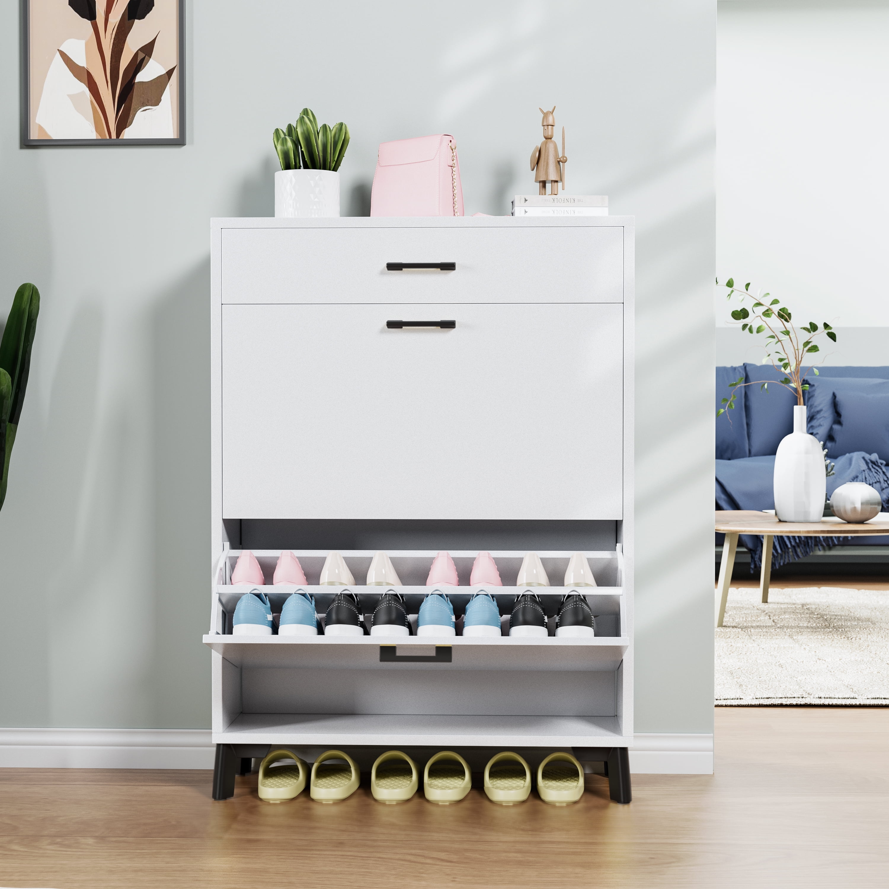 Qhou, Space Saving White Shoe Storage Cabinet with 2 Flip Drawers, Sturdy MDF & Metal Construction Space Saving, White - Easy to Assemble