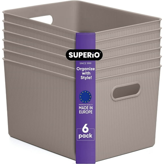 Superio 22L Large Ribbed Storage Bin- Plastic Storage Bin (6 Pack, Taupe)