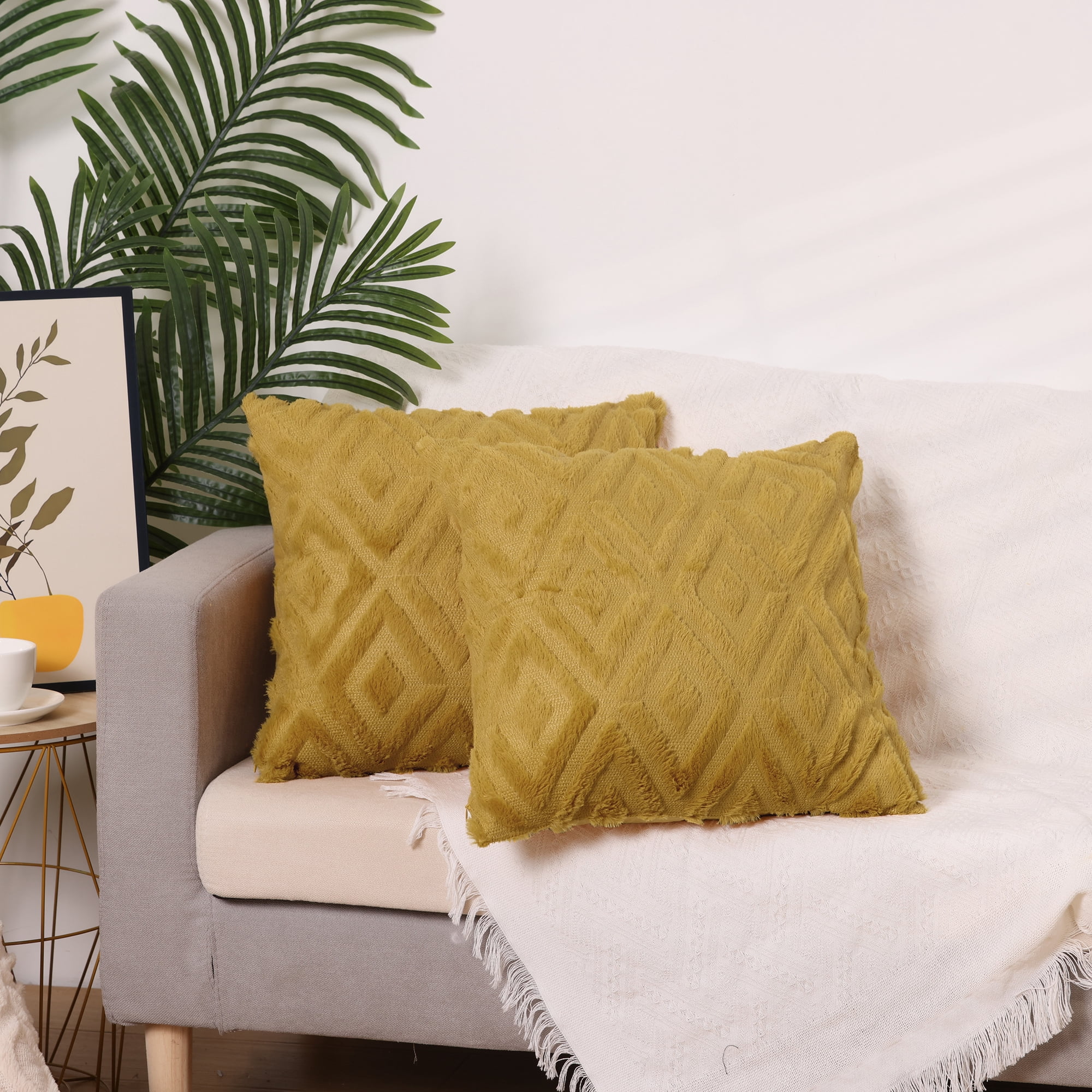 Unique Bargains Shaggy Plush Throw Pillow Covers Couch Pillow Covers (2 Count) Yellow-1 20" x 20"