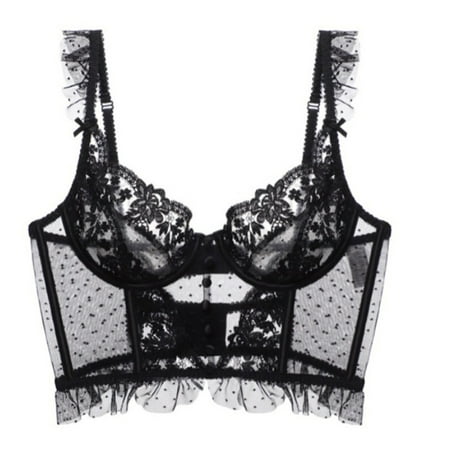

ZUARFY Women French Style Ruffles Lace Bustier Bra Push Up Underwire Unlined Corset Camisole Buttons Spaghetti Strap Bralette Sling Crop Top