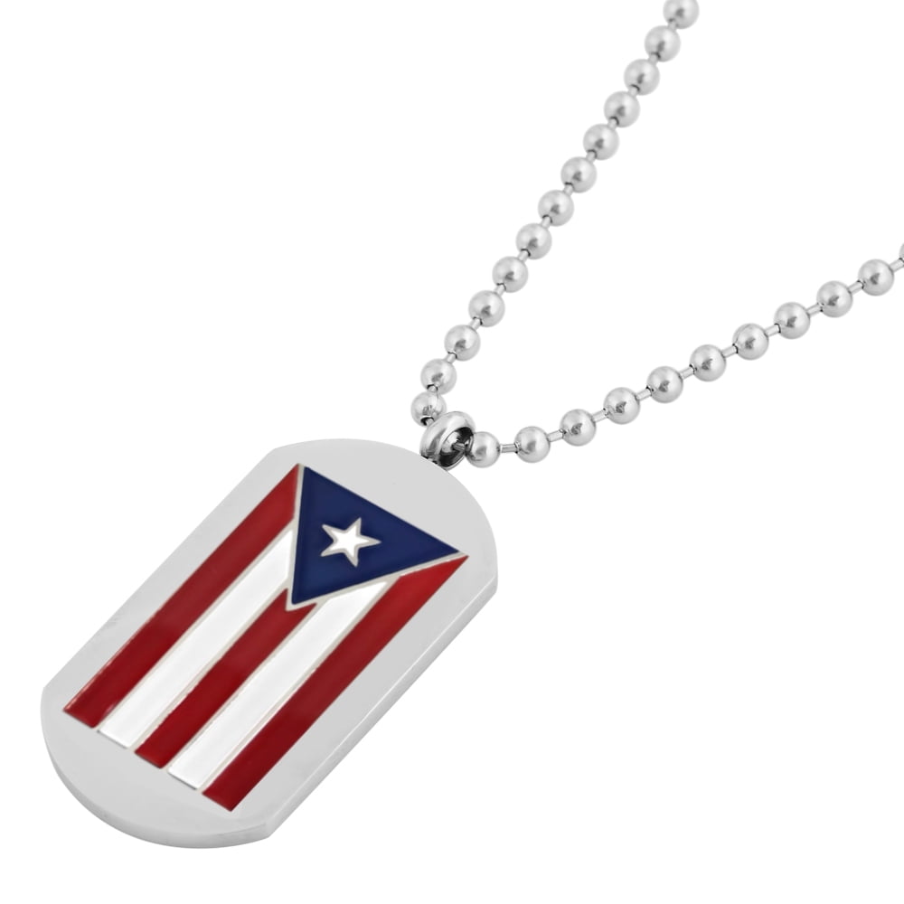 Men's Stainless Steel Puerto Rico Flag Dog Tag Chain Pendant Necklace