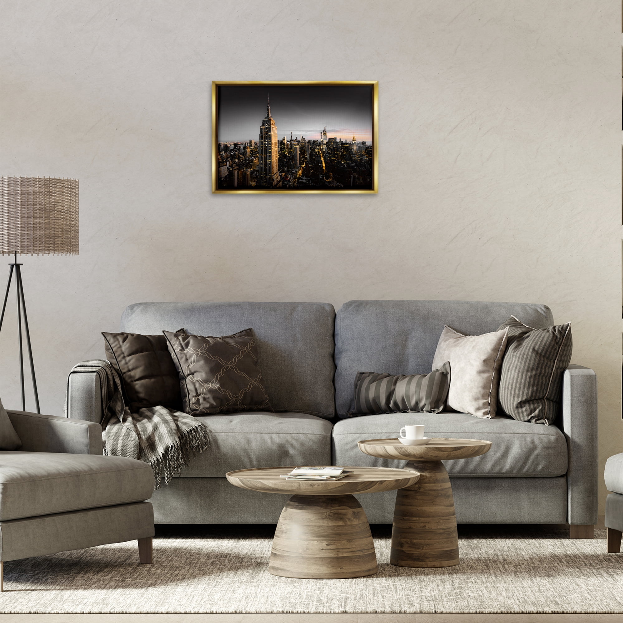 Stupell Industries Aerial City Horizon Scenic & Cityscapes Photography Gold Floater Framed Canvas Art Print Wall Art, 25 x 17