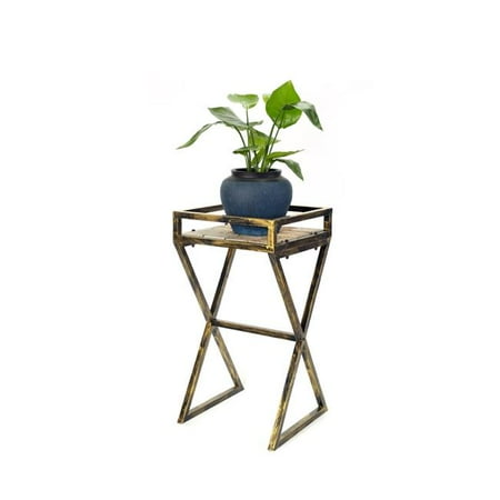 27 in. Gray Stone Slab Black & Gold Metal Plant Stand