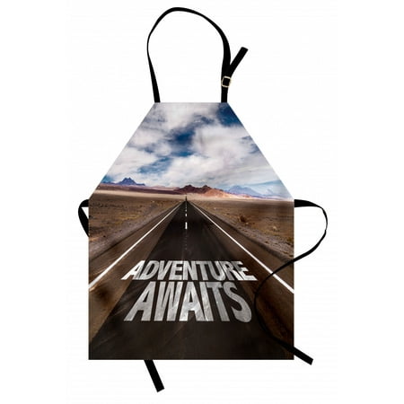 

Adventure Apron Adventure Awaits Written on the Asphalt with Clouds and Sky Road Trip Theme Unisex Kitchen Bib Apron with Adjustable Neck for Cooking Baking Gardening Brown Blue White by Ambesonne