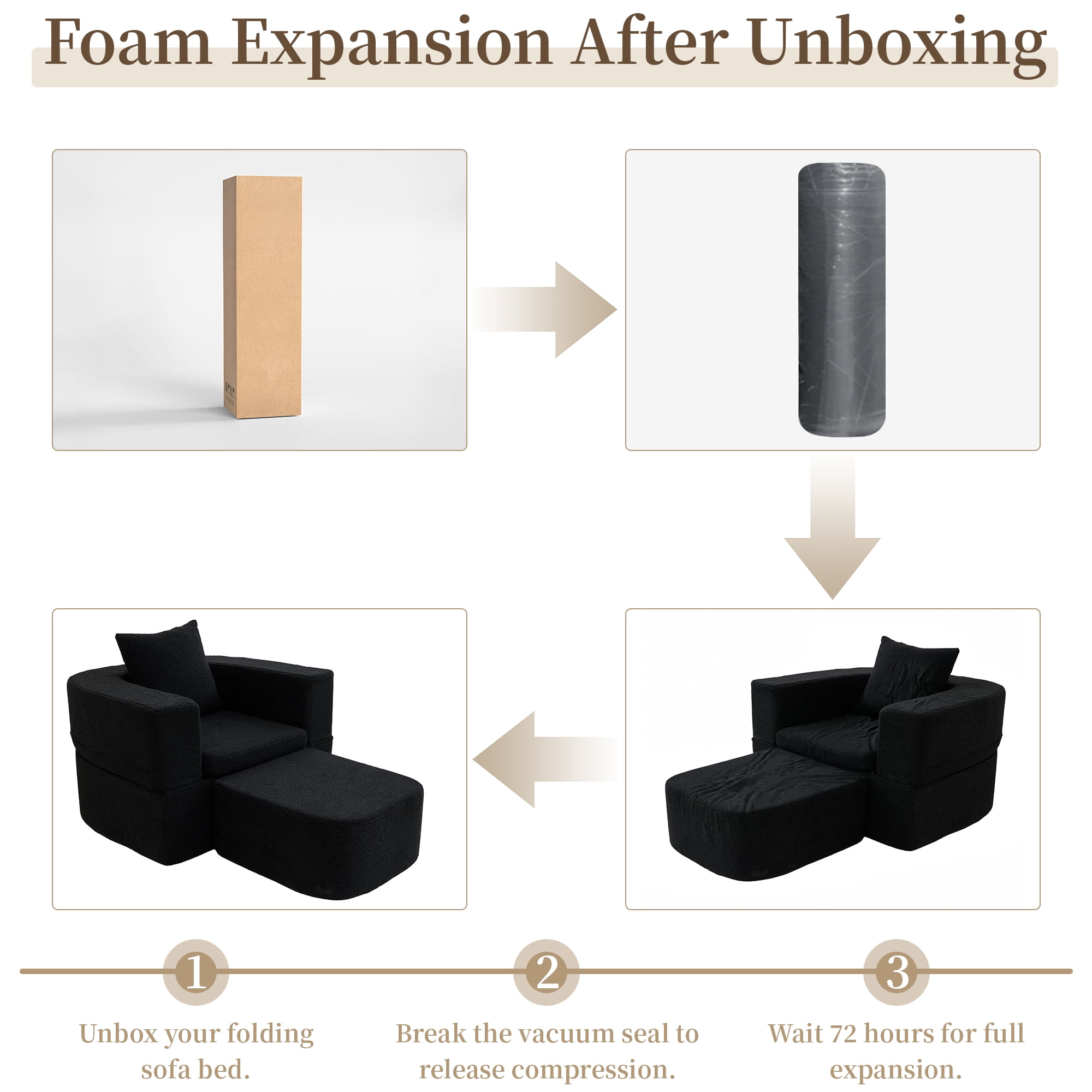 The Magic Home 41" Futon Sofa Bed Teddy Fleece Futon Couch Convertible Sleeper Floor Sofa Bed Upholstered Couch Reading Chair for Living Room, Black Couch, No Assembly
