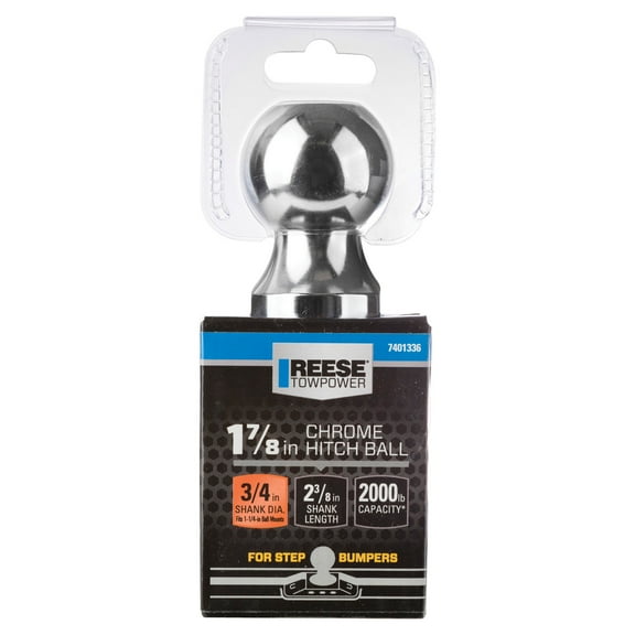 Reese Towpower 7401336 Trailer Hitch Ball, 1-7/8 Inch Diameter, 2,000 lbs. Capacity, 3/4 Inch Shank Diameter, 2-3/8 Inch Shank Length, Chrome