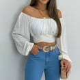 thumbnail image 2 of Top corto con hombros descubiertos y lazo para atar, manga larga, para mujer - Blusa con ribete elástico y puños con volantes - Sexy para fiestas y citas, 2 of 5