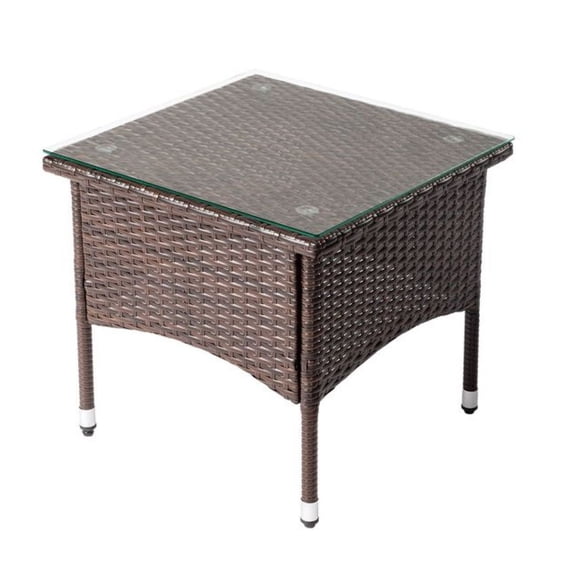20" Patio Side Table, Outdoor Patio Wicker Square End Table, All-Weather Rattan Coffee Table w/Glass for Backyard Deck Porch Poolside, Brown