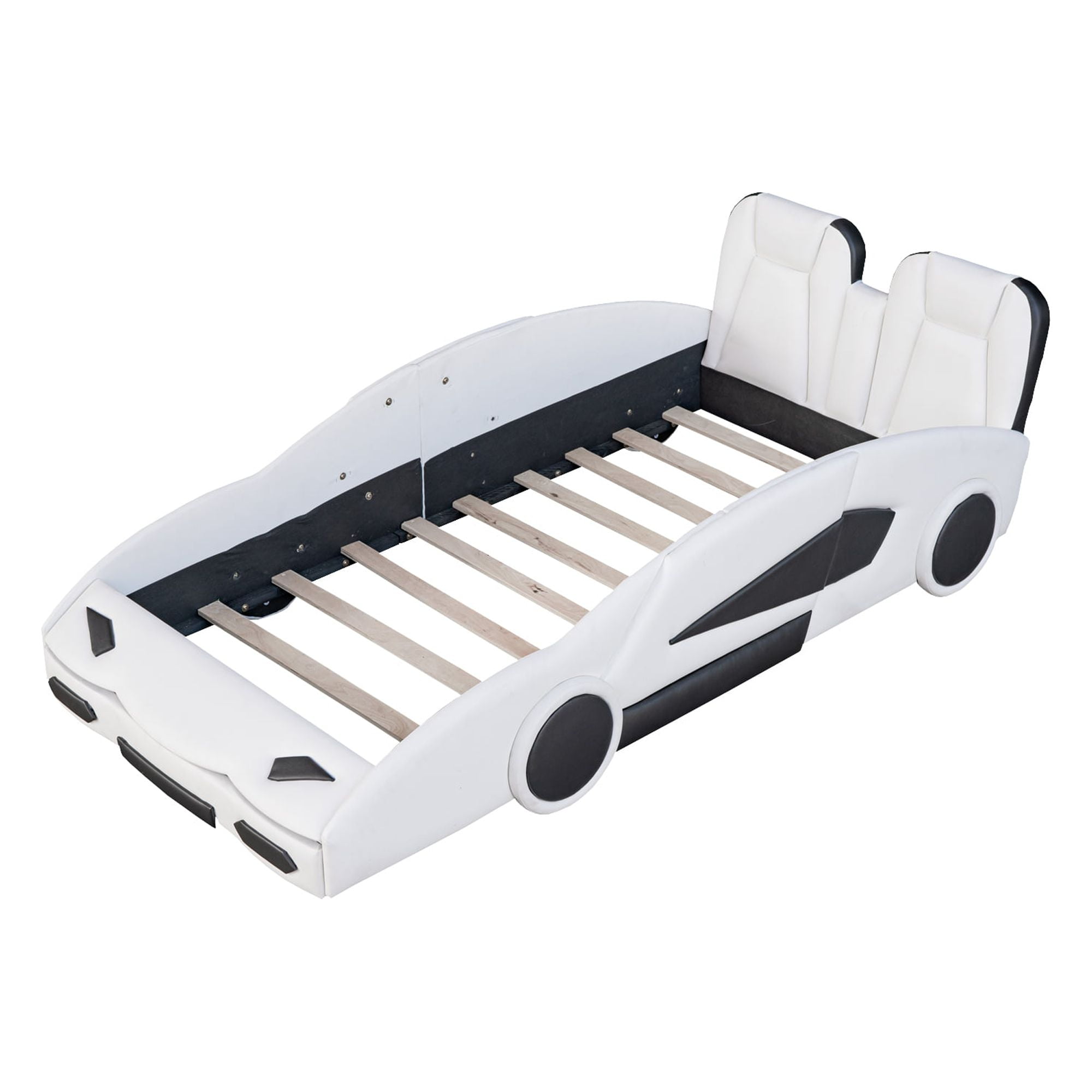 MODERNLUXE Twin Size Race Car Shaped Platform Bed with Wheels, White