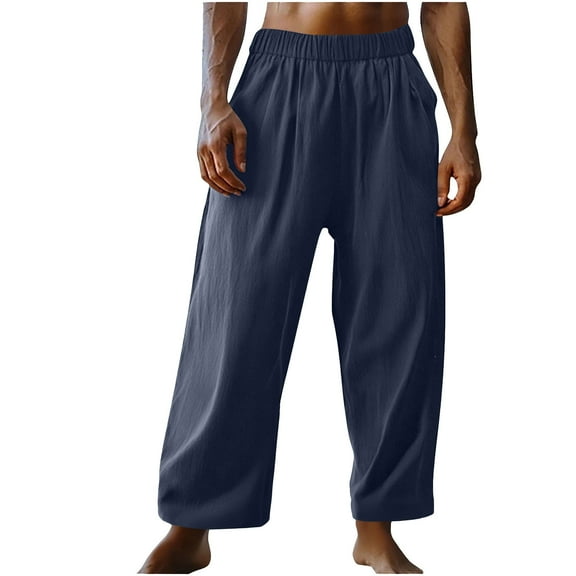 KyCheLot Mens Summer Casual Pants Wide Leg Solid Color Cropped Pants Beach Travel Trousers with Pockets