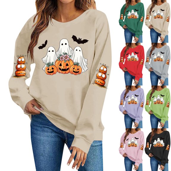 DIOAZUD Womens Halloween Sweatshirts Funny Ghost Graphic Pullovers Stretch Going Out Round Neck Long Sleeve Sweater Tops Halloween Costumes