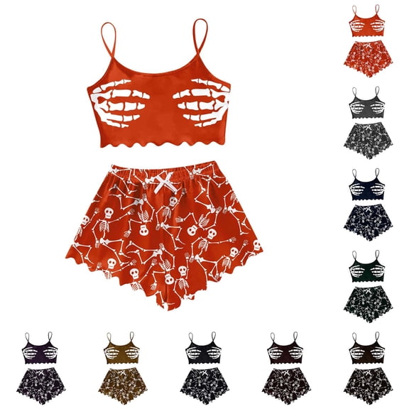 Halloween Pajamas Women Graphic Cami Shorts Comfy Loungewear 2 Piece Womens Pajama Sets Coffee L