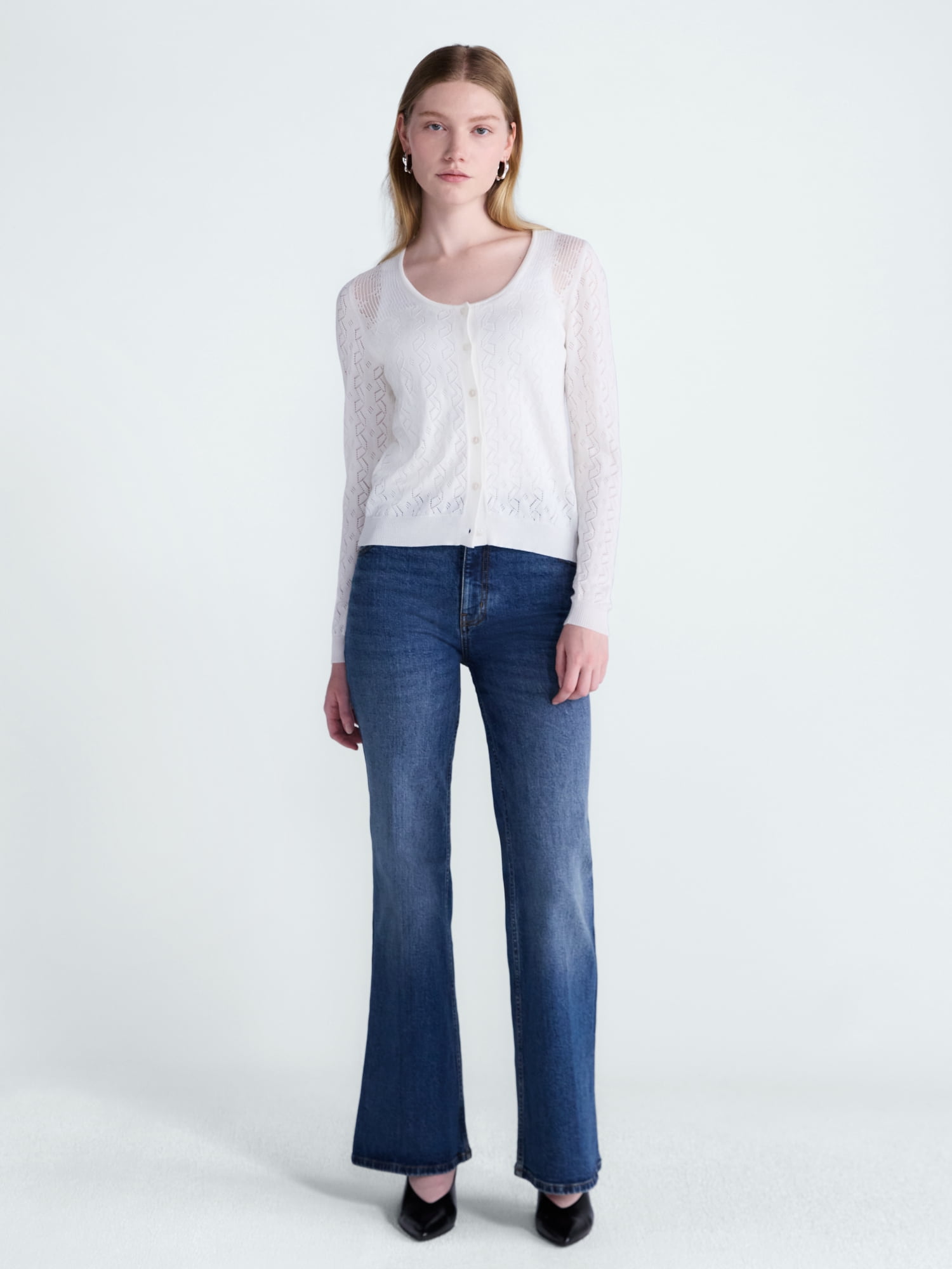 Scoop Women's Pointelle Knit Cardigan Sweater with Long Sleeves, Lightweight, Sizes XS-XXL