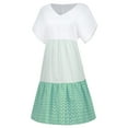thumbnail image 4 of CHOK Robe Mini Décontractée pour Femme Grande Taille Été Ample Mode Patchwork Col en V à Rayures à Pois Manches Courtes Volant Ourlet à Étages en Lin Robe de Plage Soleil en Liquidation, 4 of 5