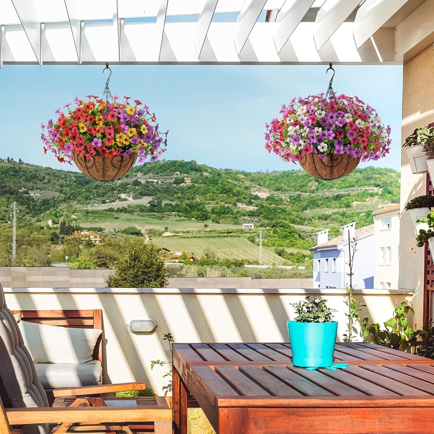 Artificial Faux Hanging Flowers Plants with Basket for Outdoor Spring Decoration, Fake Silk Daisy Outside Indoor UV Resistant Look Real Yard Patio Front Porch Garden Balcony Home Decor(MIx1)
