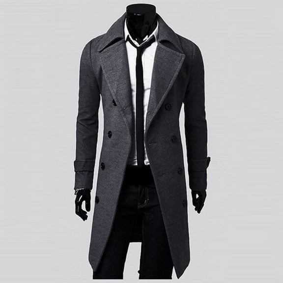 YODETEY Winter Men Slim Stylish Trench Coat Double Breasted Long Jacket Coat Black 8(L)