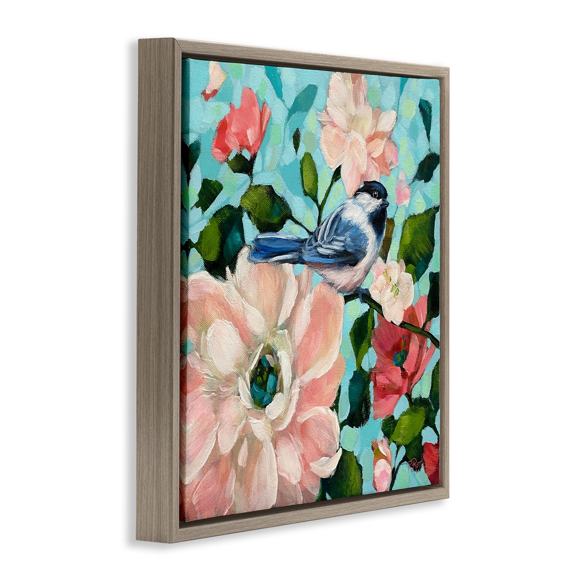 Stupell Industries Blue Bird & Bold Flowers Plants & Flowers Painting Brown Floater Framed Canvas Art Print Wall Art, 18 x 18