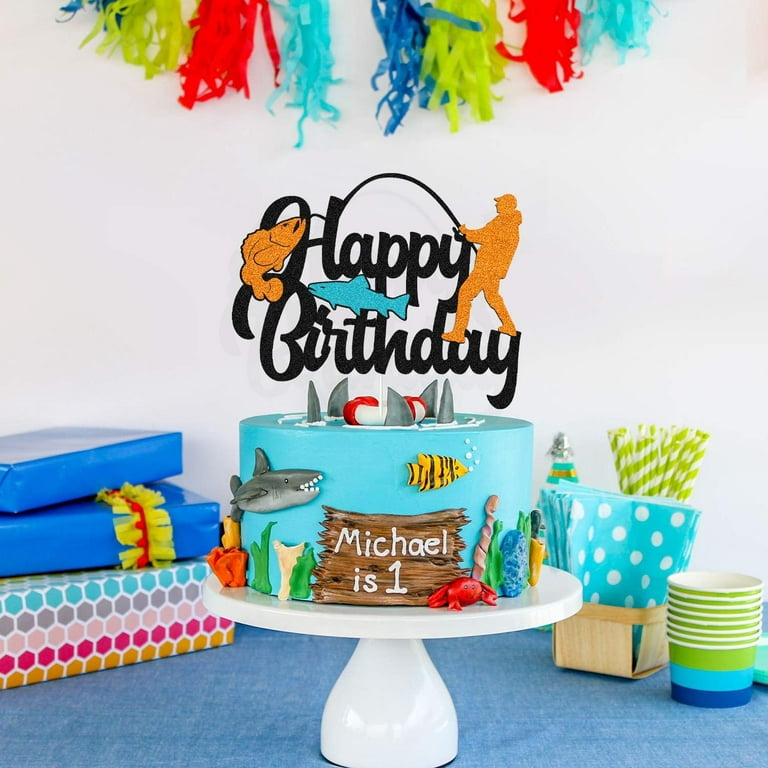 Fish Cake Topper Happy Birthday Sign Cake Decorations for Man Kids