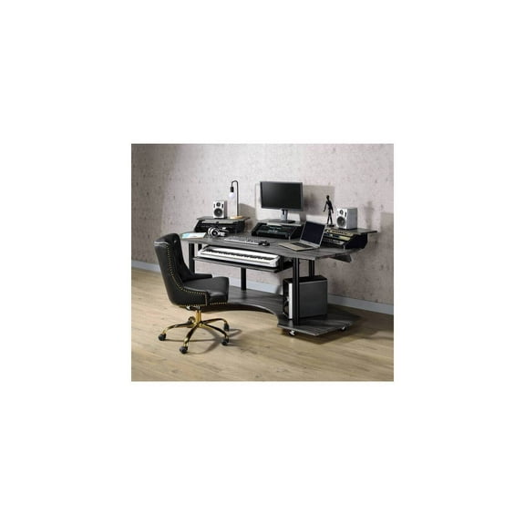 HomeStock Nordic Haven 4-Shelf Music Recording Studio Desk in Black Oak, 40"D x 83"W x 37"H, CPU Storage, Office Furniture, Keyboard Tray & Caster Wheels Included, Rectangular Computer Desk