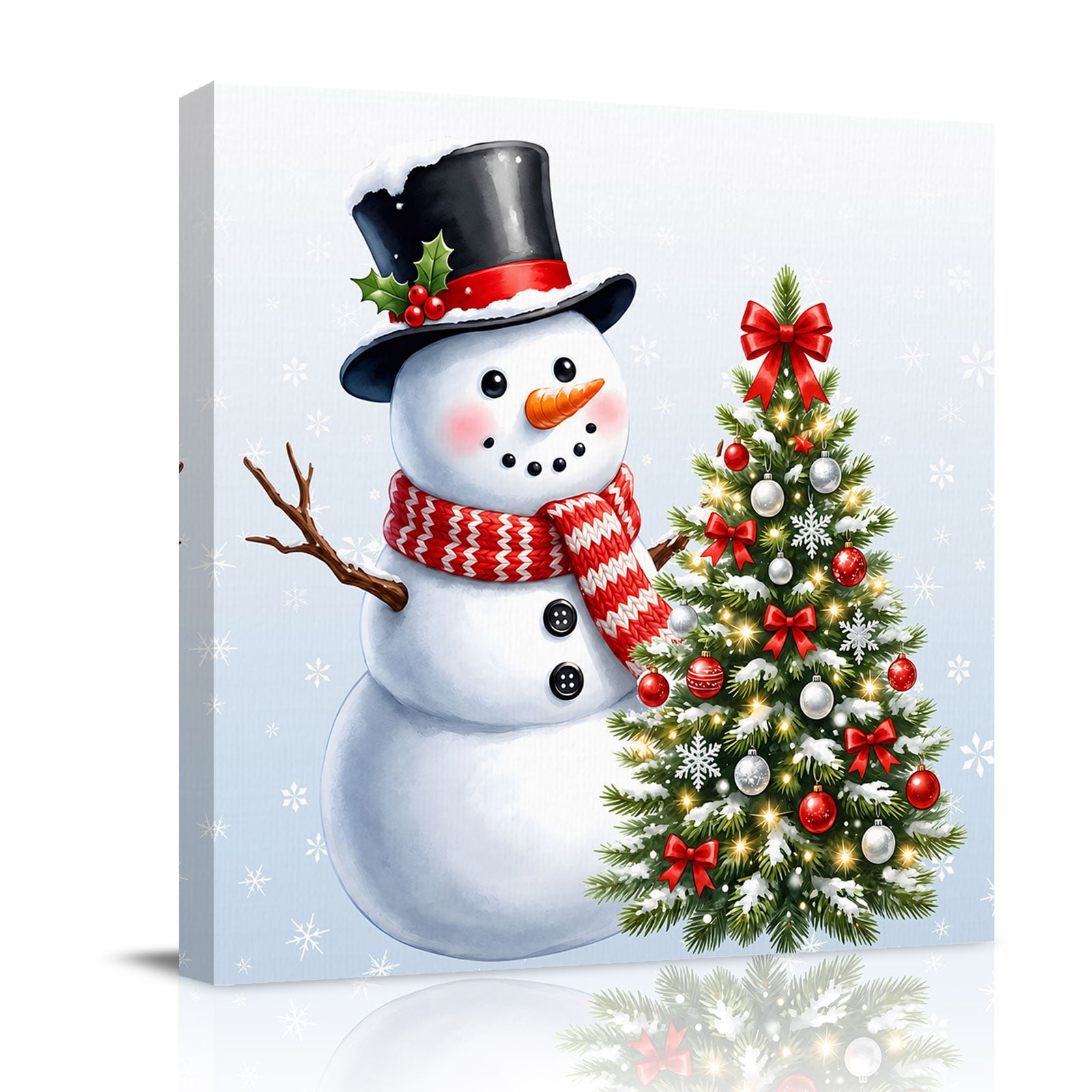 Canvas Wall Art Christmas Snowman Framed Canvas Prints for Living Room Bathroom Xmas Ball Tree Snowflake Winter Gallery Wrapped Wall Decor for Home Office Gifts 12 x12 Ship Next Day