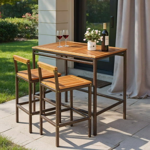 Resenkos 3 Pieces Patio Rattan Wicker Bar Dining Furniture Set, Outdoor Dining Chair for Outside Patio, All Weather, Porch, Garden, Poolside