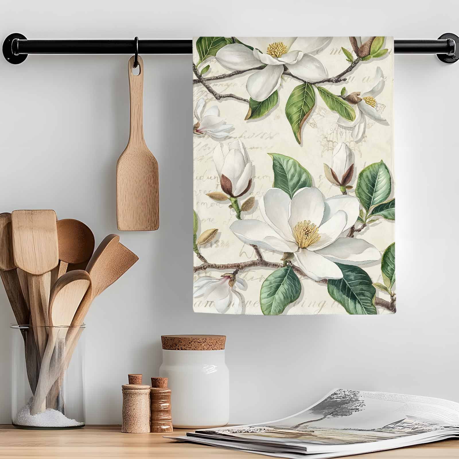 Retro Flowers Kitchen Towel Dish Cloths Set of 2, Microfiber Soft Kitchen Hand Towels, Farmhouse Leaf Branch Green Plants Absorbent Quick Drying Dishcloths 18 x 28 Inches