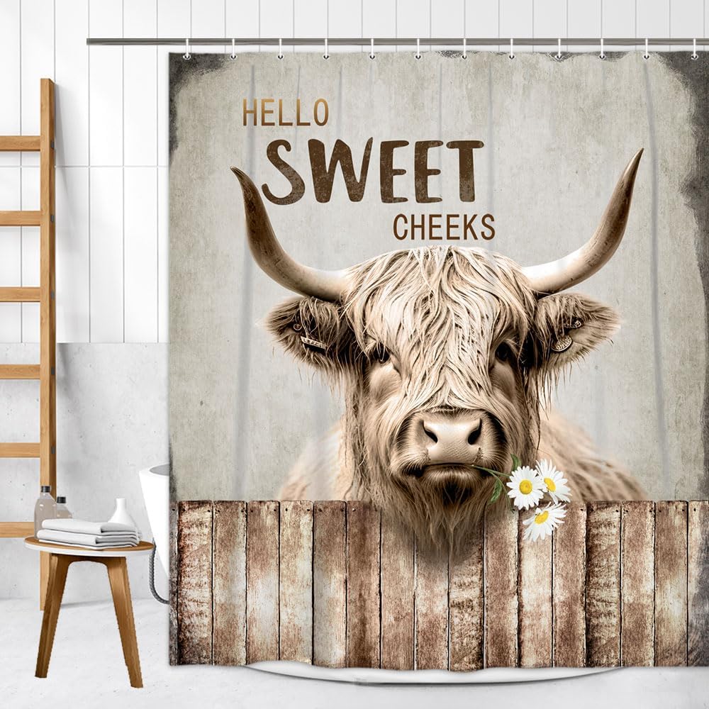 Highland Cattle Cow Bull Shower Curtains,Farmhouse Animal Rustic Country Shower Curtain for Bathroom,Western West Fabric Shower Curtain Set with Hooks Bath Decoration 72X84inches