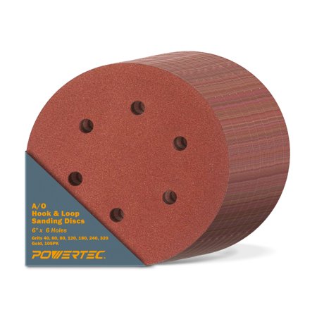 UPC: 0843441108818 | POWERTEC 45201 A/O Hook & Loop 6 Hole Disc 6 Inch Assortment 15 pcs of each grits: 40/60/80/120/180/240/320  105 PK