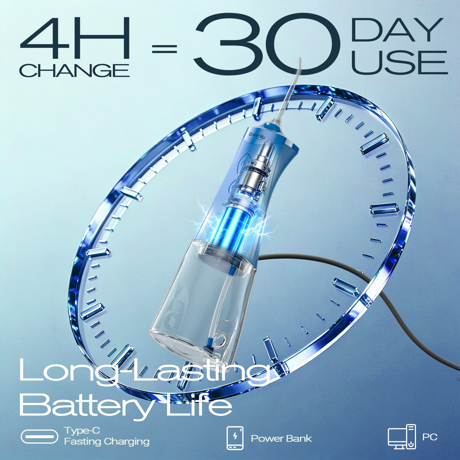 OasiSmile Water Picks for Teeth Cleaning, Dental Water Flosser 350ML Cordless Portable 4 Modes Rechargeable Oral Irrigator with 4 Jet Tips for Home Travel Office, Blue
