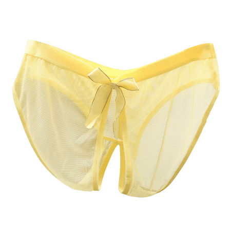 Fulorrnie Women s Low Rise Open Back Lace Thong Panties Bow Accent Breathable Mesh Underwear for Women  Yellow  One Size