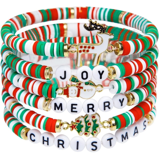 Paquete de 6 Pulseras de Navidad: Pilas Estilo Caramelo Joy & Merry para Mujer y Adolescentes - Regalos de Navidad Perfectos - de 3 Años a Adulto